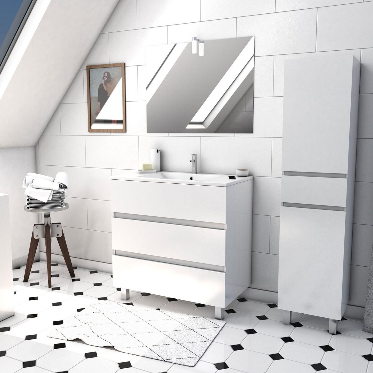  Ensemble Meuble de salle de bain blanc 80 cm sur pied 3 tiroirs + vasque ceramique blanche + miroir