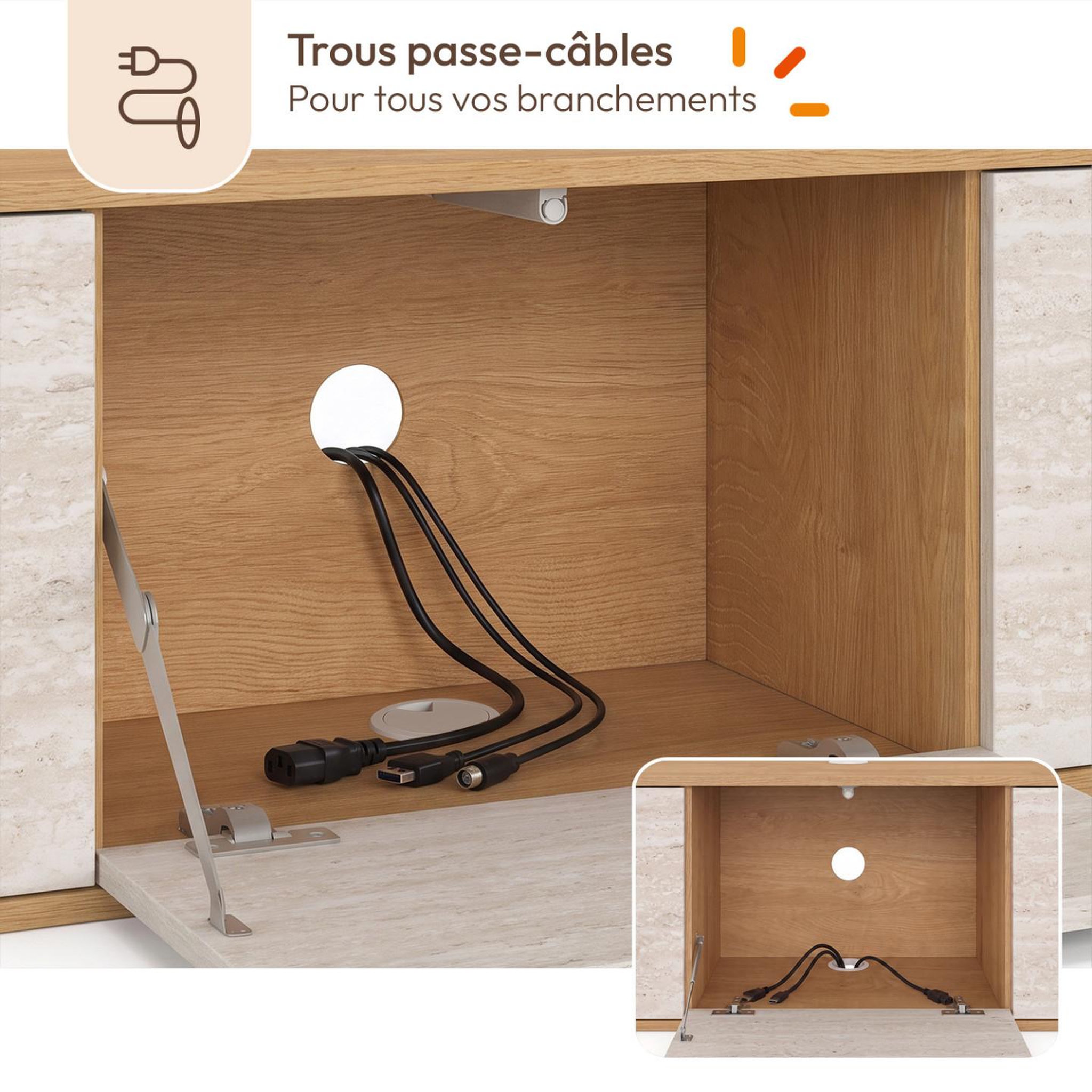 Voir la diapositive 6 : ID MARKET Meuble tv 180 cm suspendu leora 3 portes effet travertin et bois