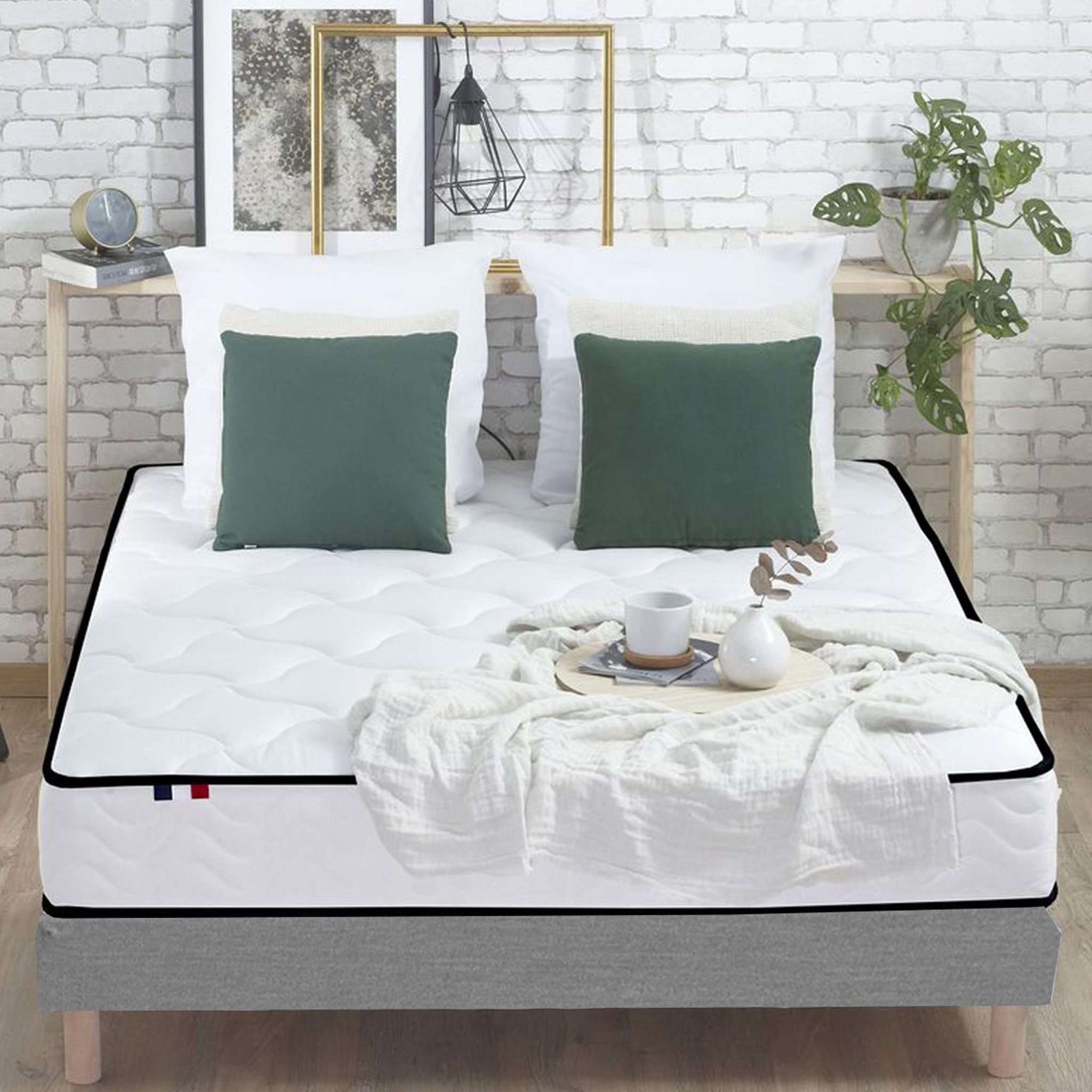 Voir la diapositive 2 : IDLITERIE Pack Ensemble Matelas Ressorts + Mémoire de forme + sommier + couette + oreillers ELOISE Made in France 140 x 190 Sommier Gris chiné