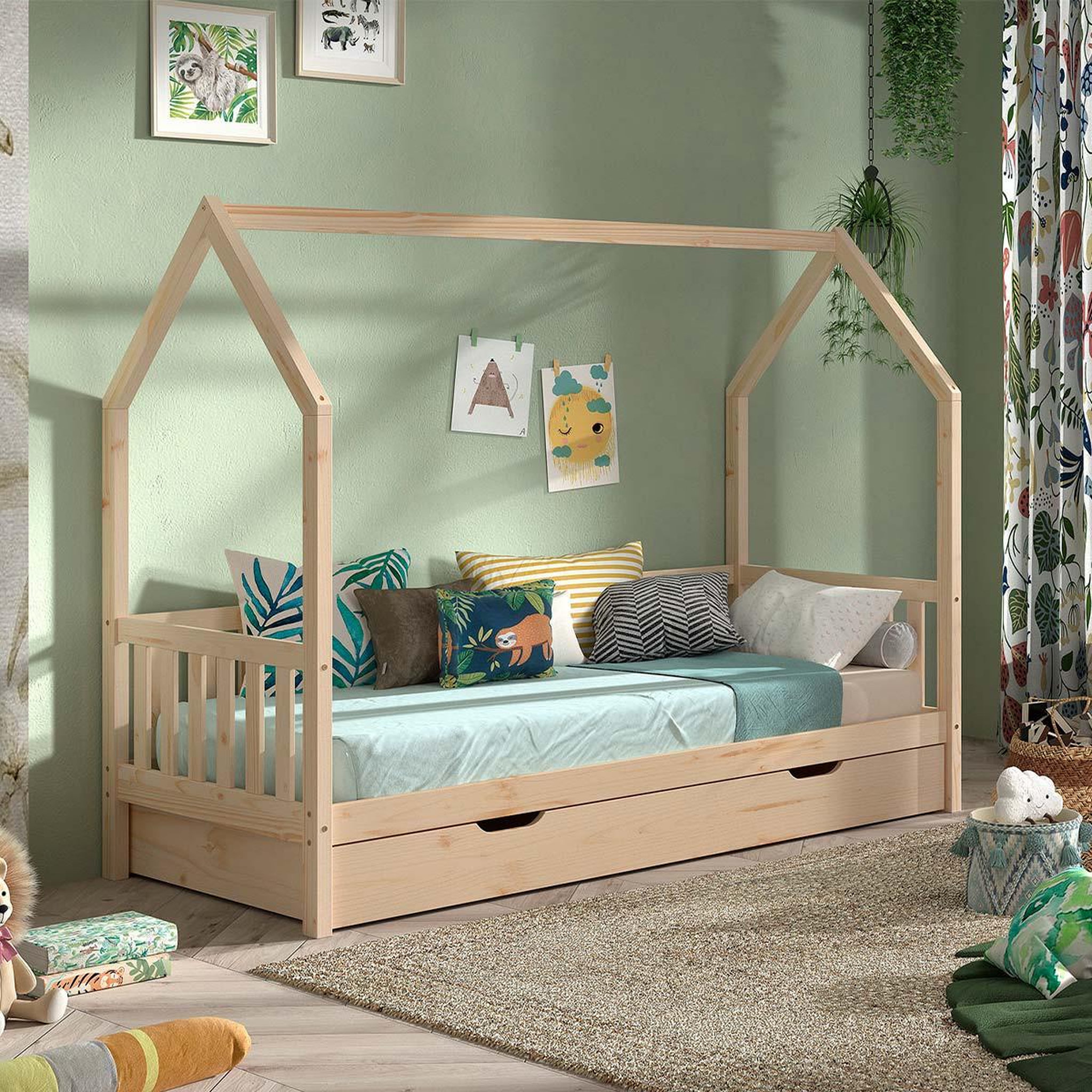 Voir la diapositive 4 : Paris Prix Pack - lit enfant & tiroir-lit  cabane  90x200cm naturel