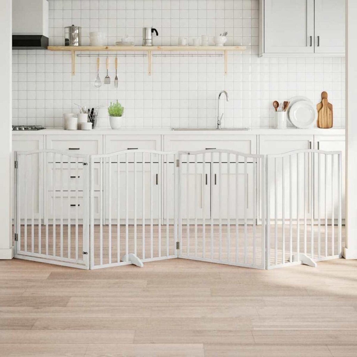 VIDAXL Barriere pour chiens et porte 4 panneaux blanc bois de peuplier