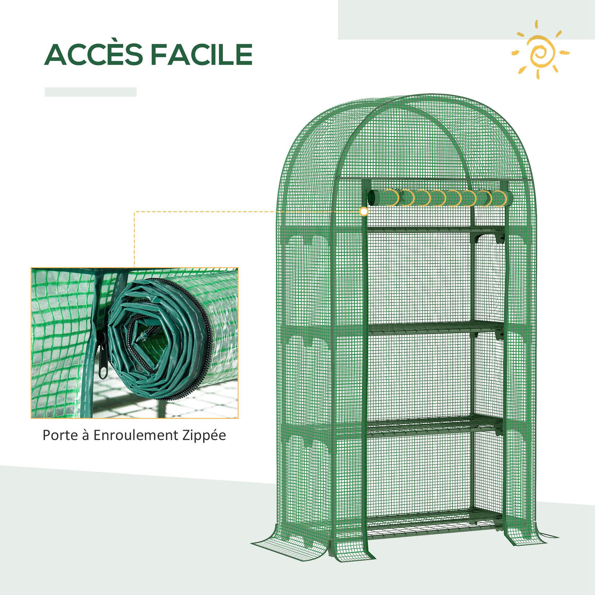 Voir la diapositive 5 : OUTSUNNY Serre de jardin serre de balcon 4 étagères métal porte zippée enroulable 80 x 49 x 160 cm pe vert