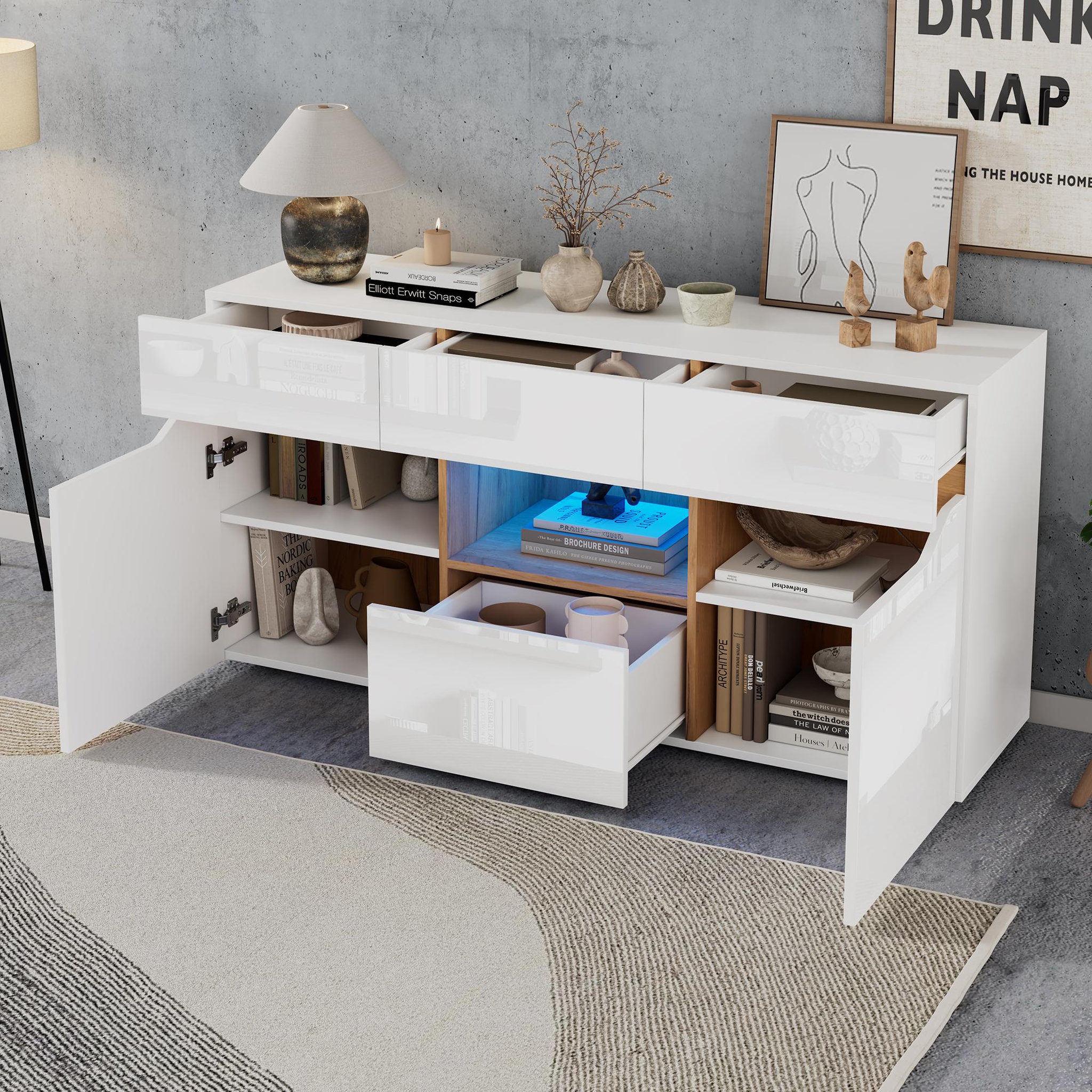 Voir la diapositive 5 : MERAX Buffet 2 porte(s) 4 tiroir(s) - 140 cm blanc led panneau de particules