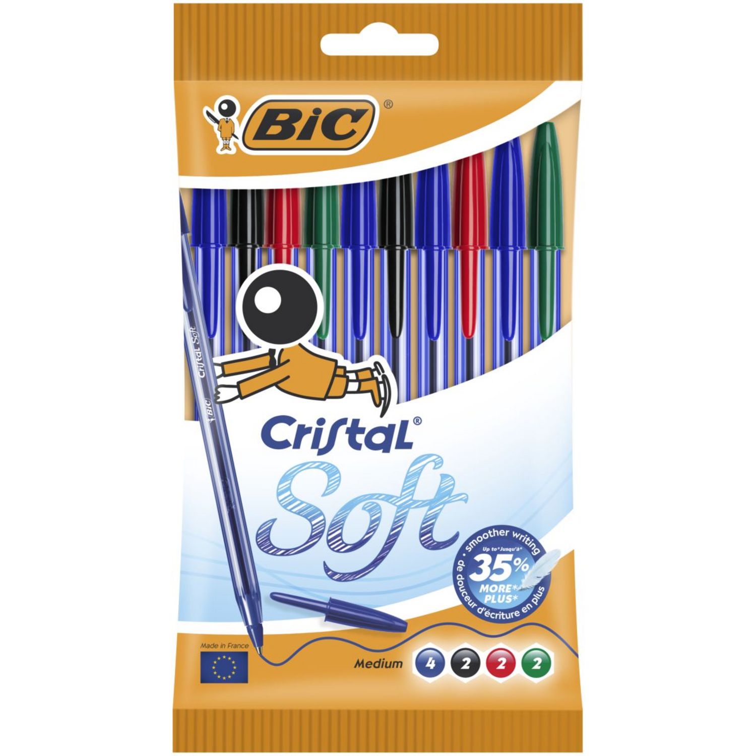 BIC Cristal SOFT - 4 Stylos à Bille - Noir, Rouge, Bleu, Vert - 1.2 Mm Pas Cher Guadeloupe | Bureau Vallée