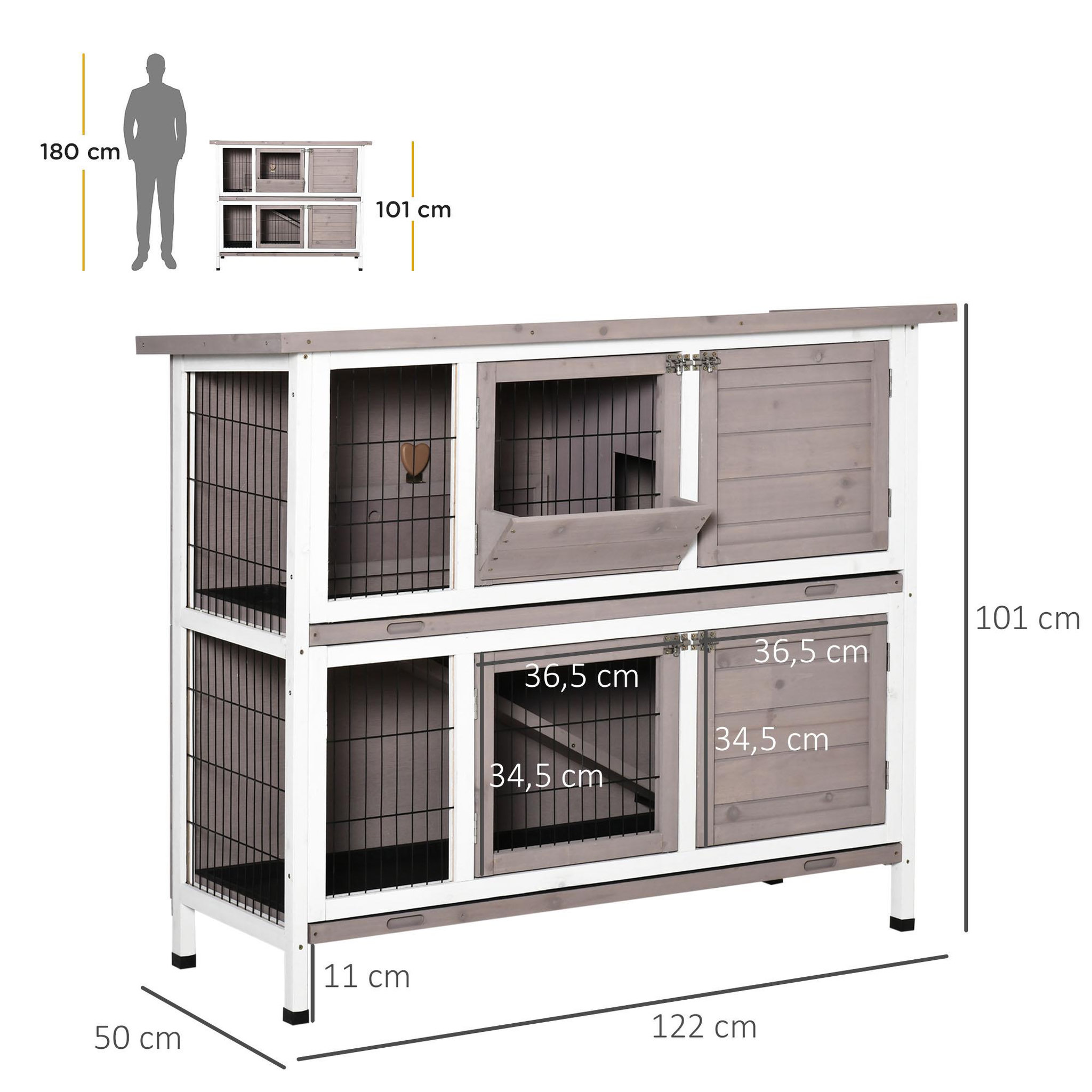 Voir la diapositive 3 : PAWHUT Clapier à lapin cage à lapin 2 étages trappe de séparation amovible 4 portes verrouillables 2 plateaux coulissants rampe toit ouvrant bois de sapin gris blanc