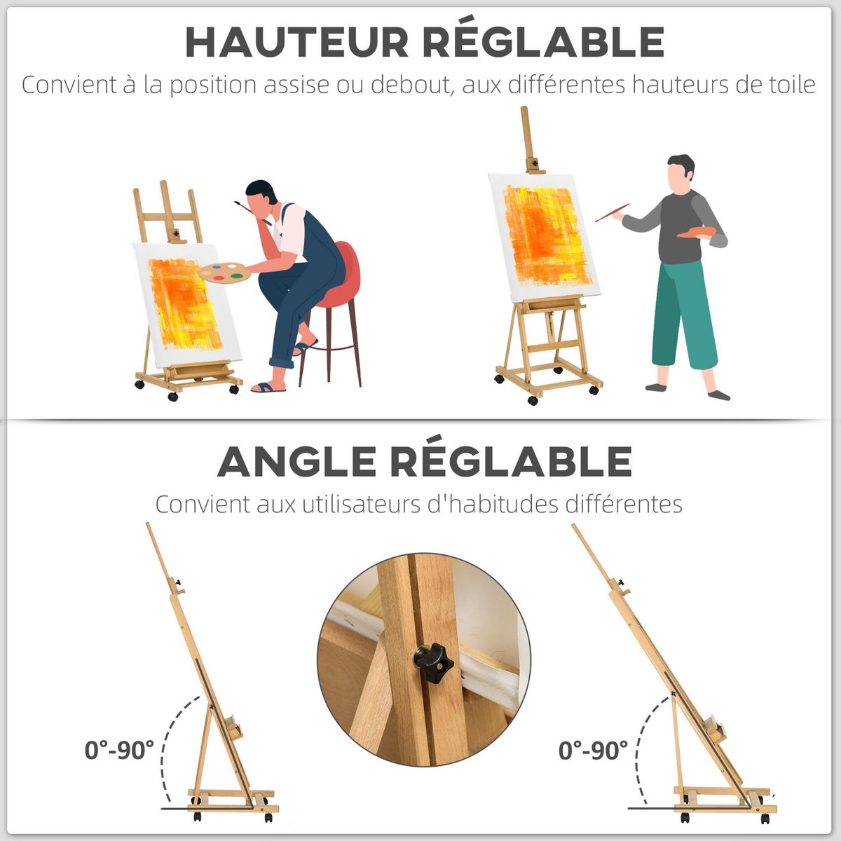 VINSETTO Chevalet d'artiste pliable sur roulettes hauteur réglable inclinaison réglable 90° max. niche rangement bois de hêtre