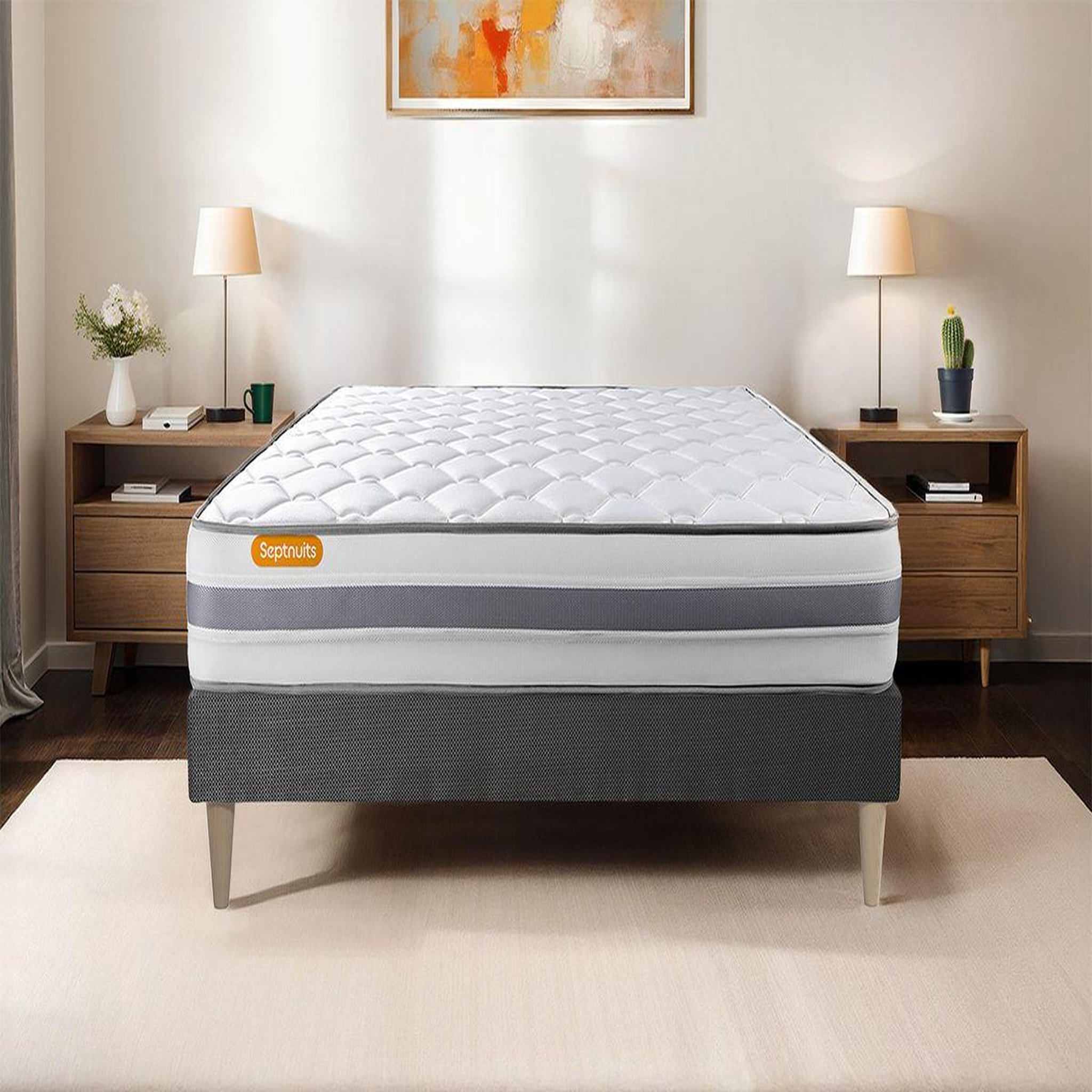 Voir la diapositive 1 : SEPTNUITS Matelas + sommier gris Memo Spring Ressorts ensachés 3 zones de confort MAXI épaisseur