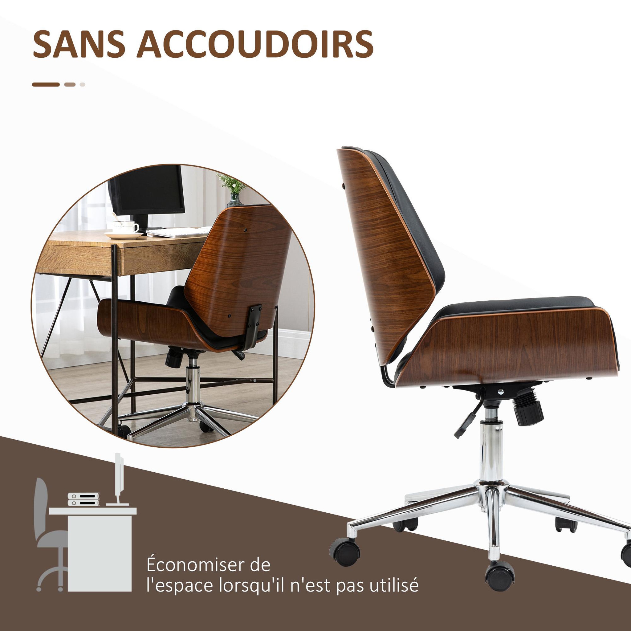 Voir la diapositive 5 : VINSETTO Chaise de bureau manager design vintage pivotante hauteur réglable bois peuplier acier chromé revêtement mixte synthétique tissu noir