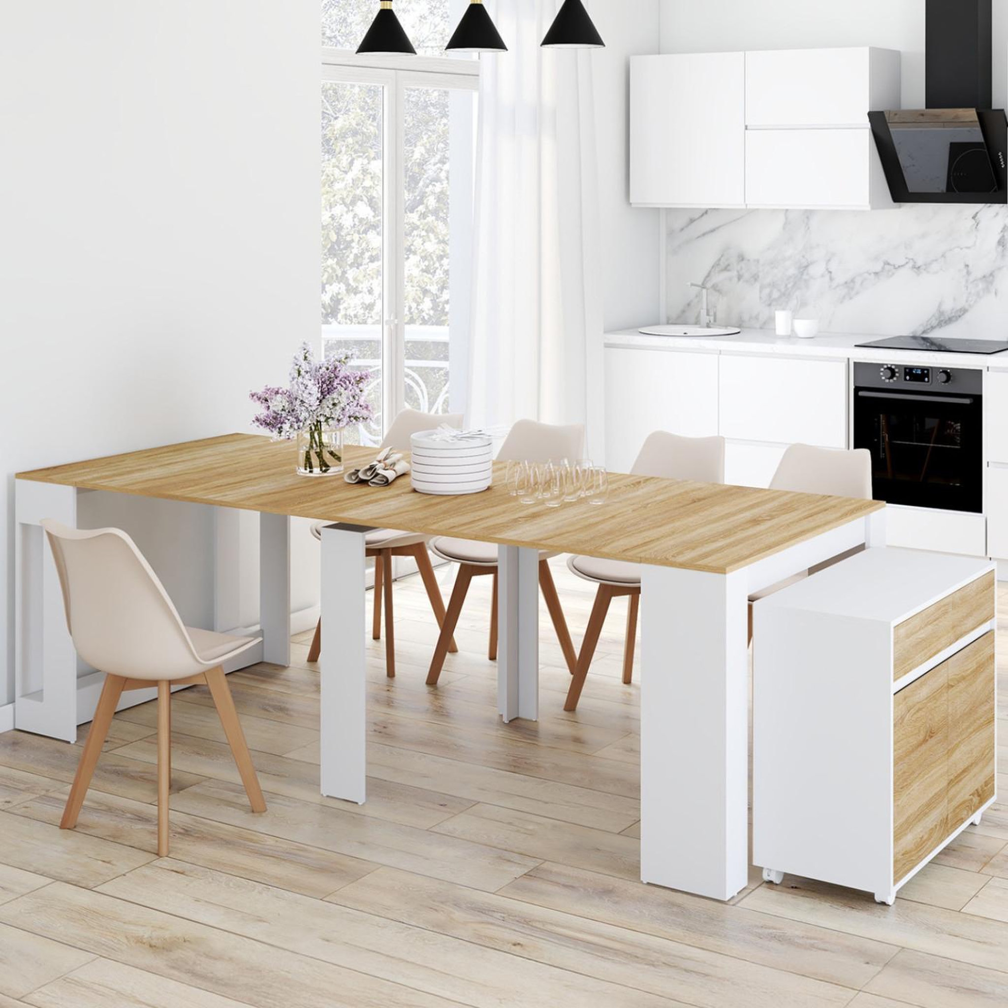 Voir la diapositive 2 : ID MARKET Table buffet extensible orlando 10 personnes 235 cm bois blanc et façon hêtre