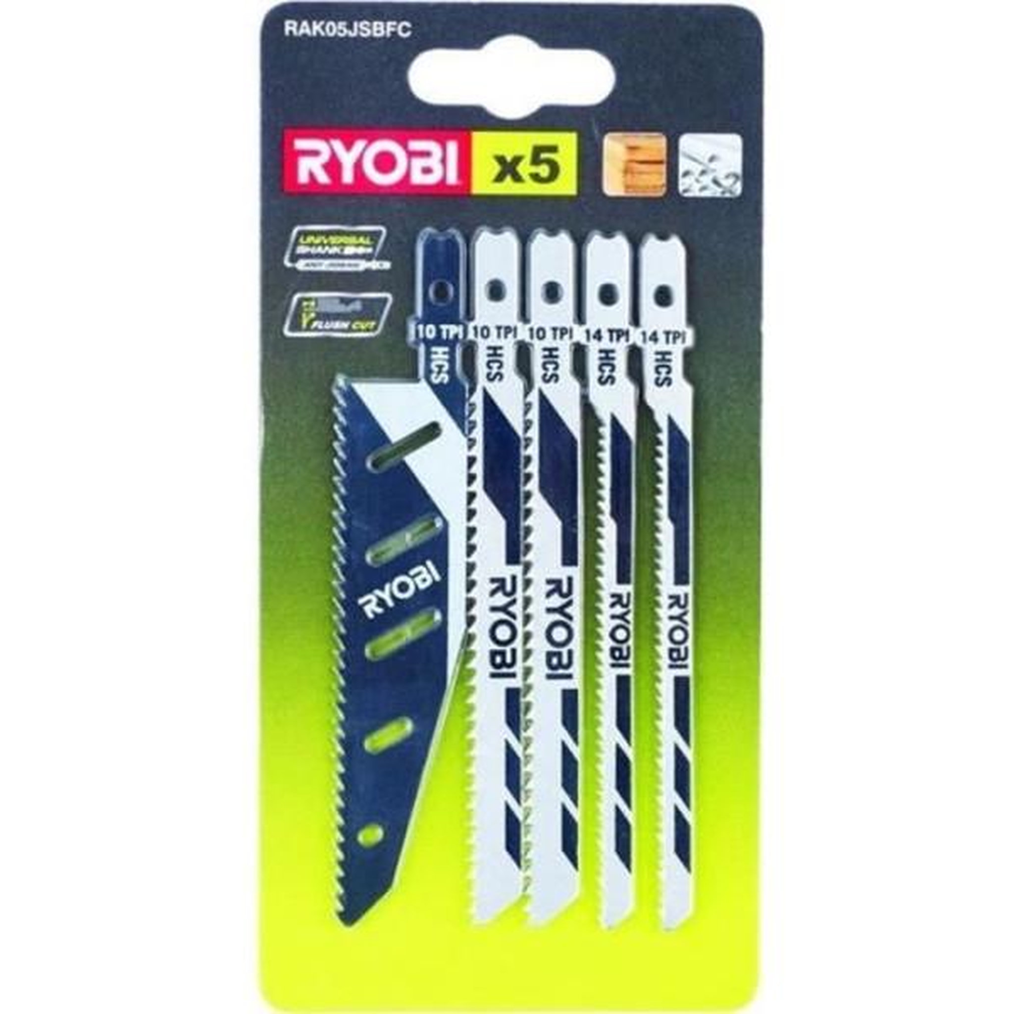 Ryobi RYOBI - Carte 5 lames scie sauteuse FLUSHCUT bois 10 TPI, chantournage 14 TPI, inversé 10 TPI - RAK05JSBFC