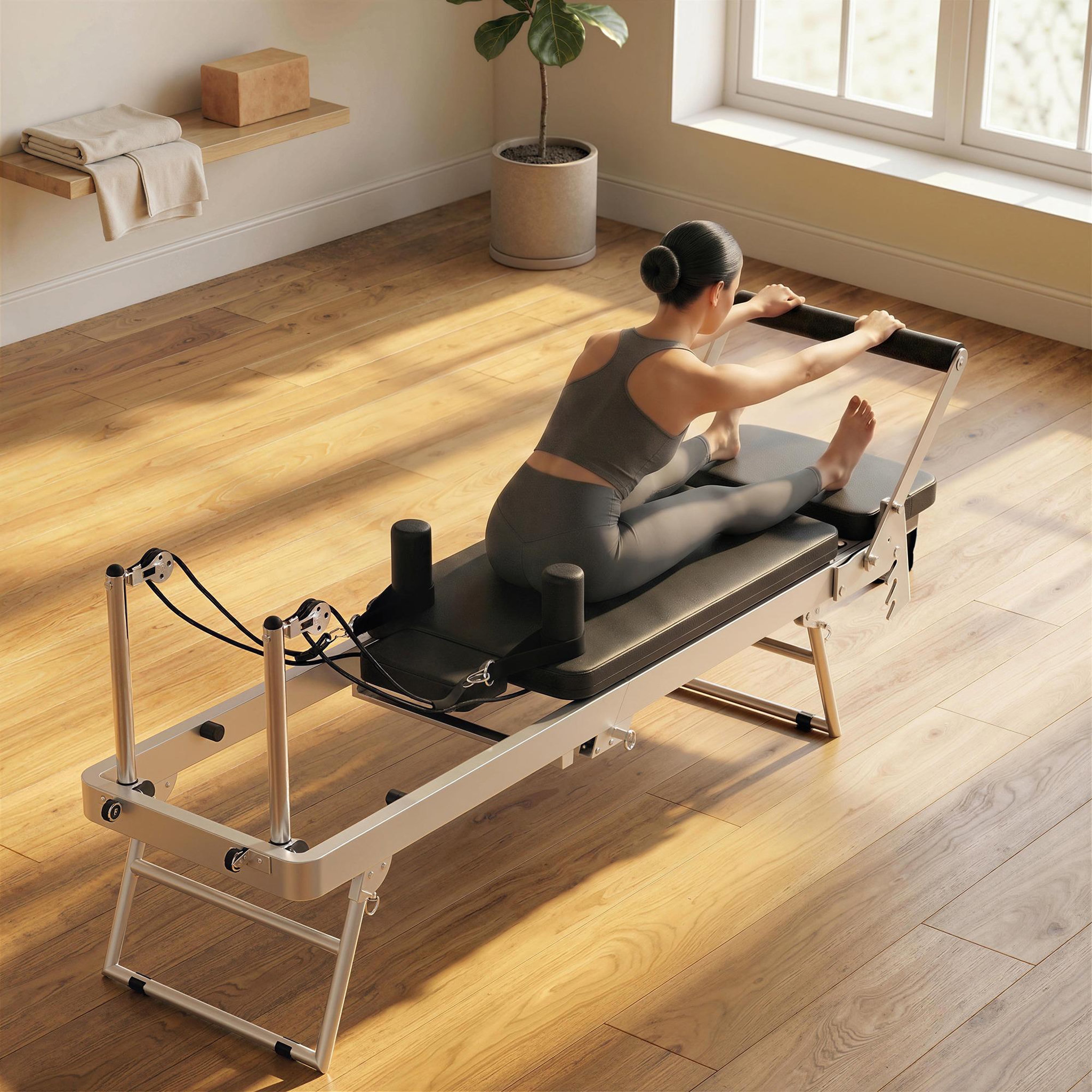 Voir la diapositive 2 : HOMCOM Machine reformer pilates pliable système hybride 4 ressorts acier blanc