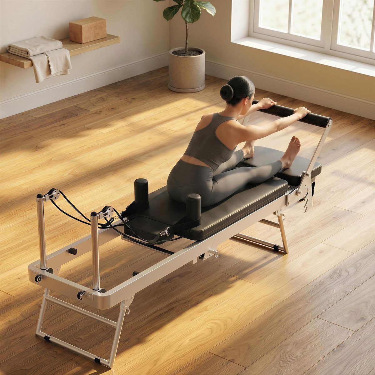 HOMCOM Machine reformer pilates pliable système hybride 4 ressorts acier blanc