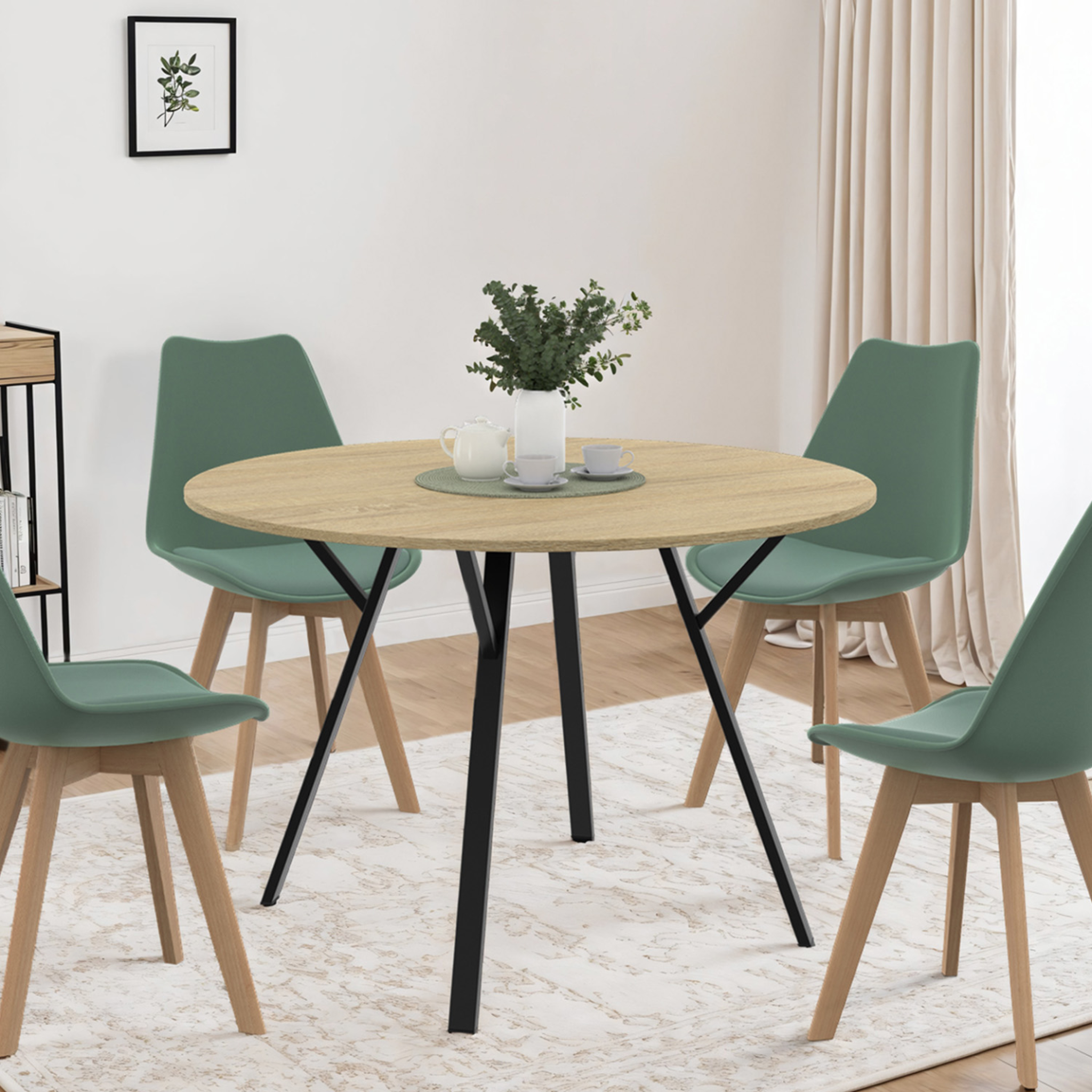 Voir la diapositive 2 : ID MARKET Table à manger fixe ronde yseult 4-6 personnes bois et noir design industriel 110 cm