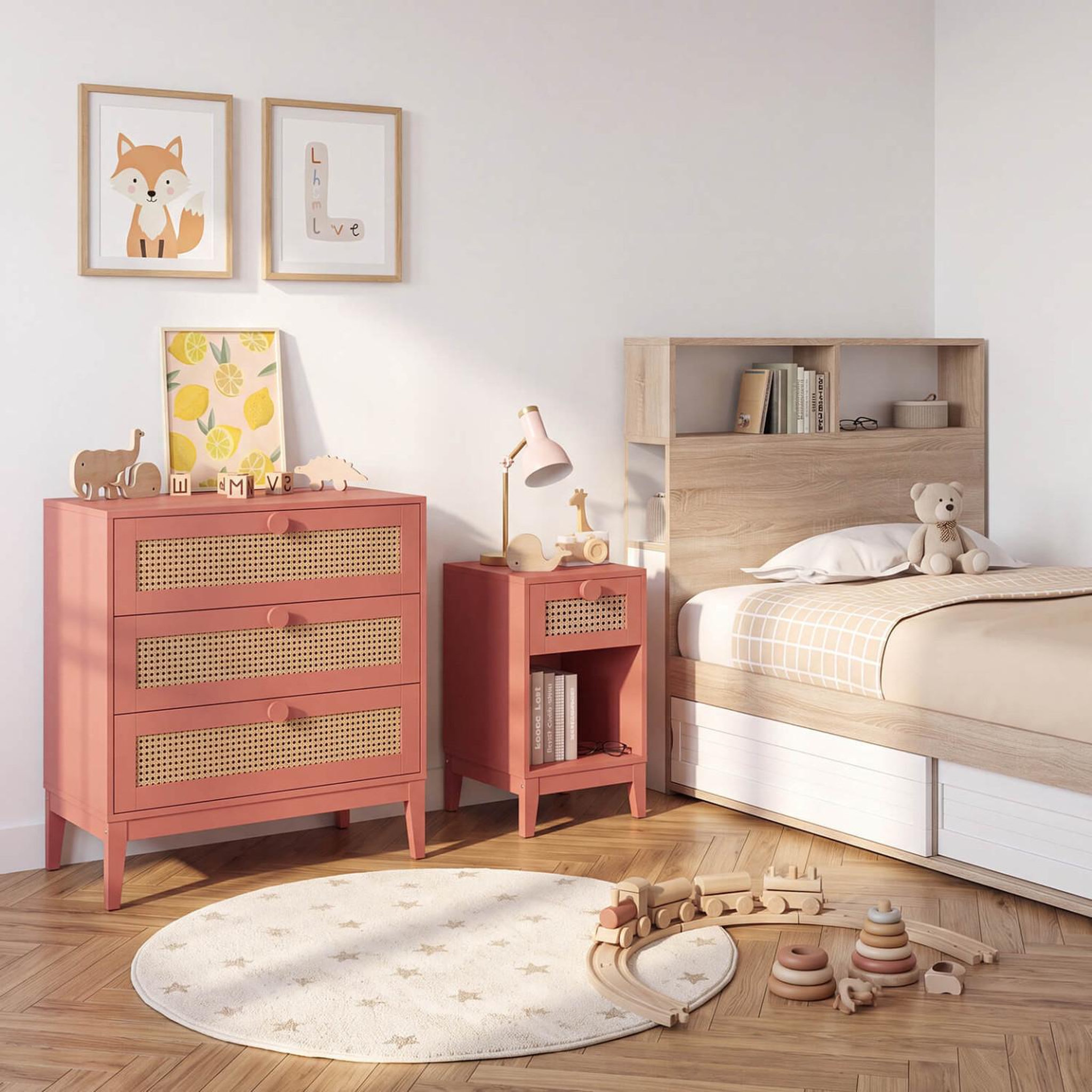 Voir la diapositive 5 : ID MARKET Commode 3 tiroirs adelie 80 cm enfant cannage et vieux rose