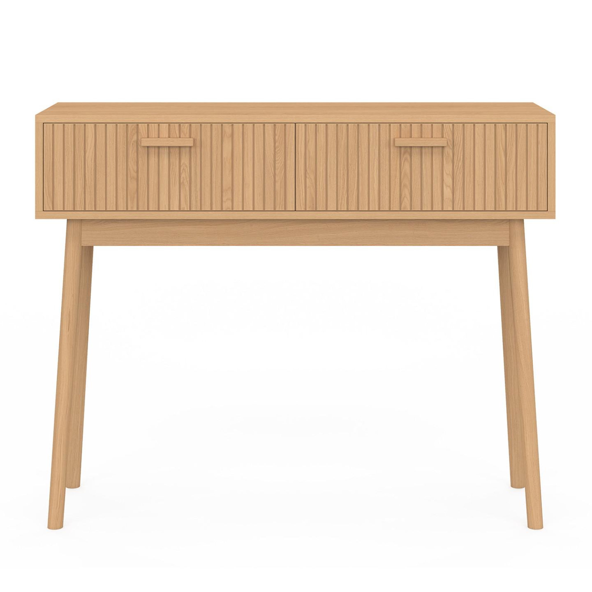 Voir la diapositive 3 : ID MARKET Console 2 tiroirs juliette lattes tasseau bois coloris chêne