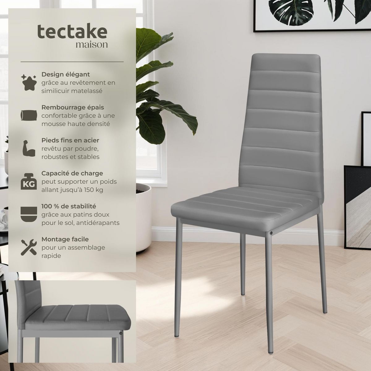 tectake Ensemble de chaises de salle à manger rembourrées avec revêtement aspect cuir gris Lot de 4