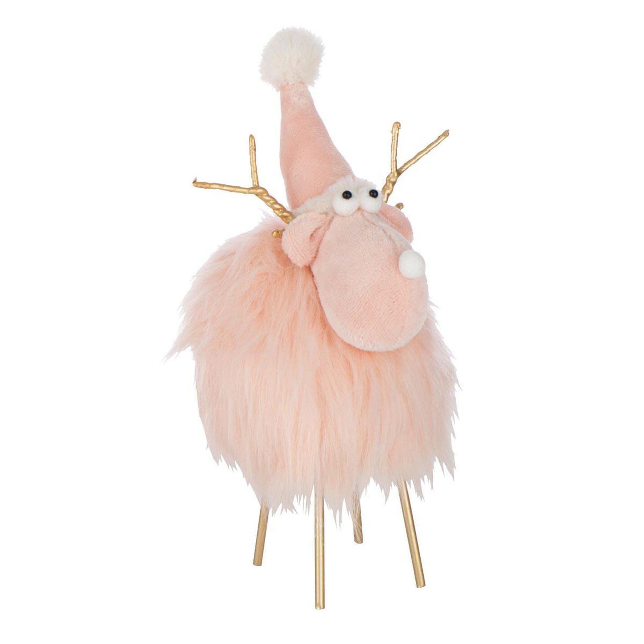J-LINE Statuette renne déco  bonnet & foulard  36cm rose clair