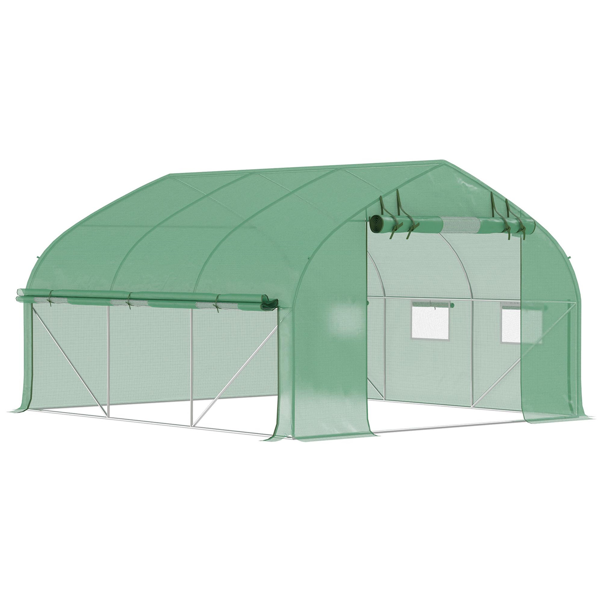 OUTSUNNY Serre de jardin tunnel 10,4 m² - 6 fenêtres et porte zippée avec moustiquaires - acier galvanisé PE vert