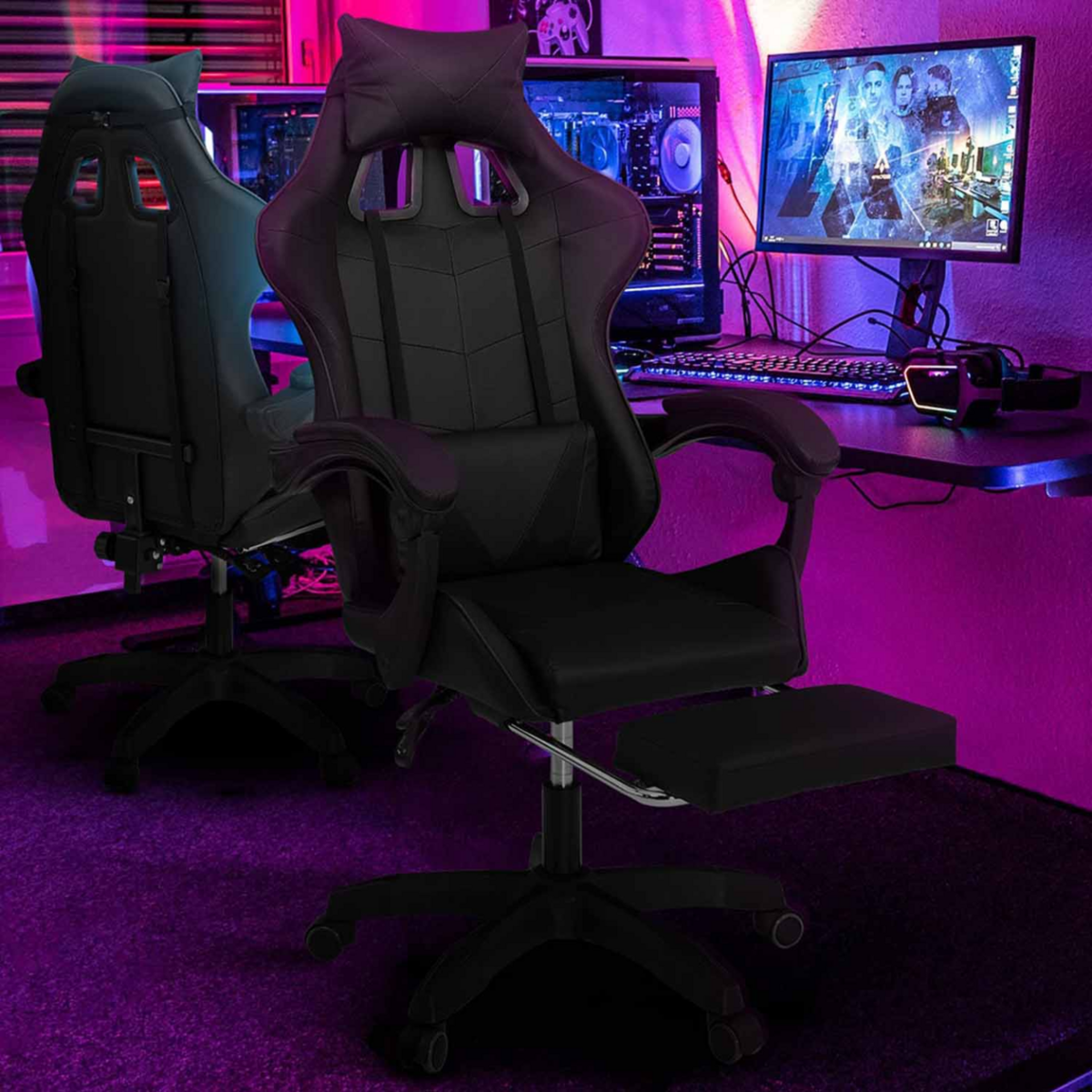 ID MARKET Fauteuil de gaming ALEX réglable avec repose-pied, coussin de tête et coussin lombaire noir