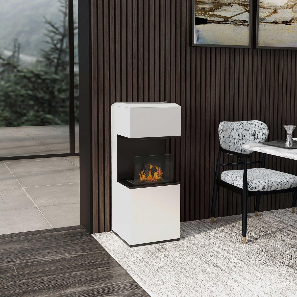 HOMCOM Cheminée bioéthanol design - brûleur 1,2L - contrôle de flamme, manche inclus - verre trempé acier blanc noir