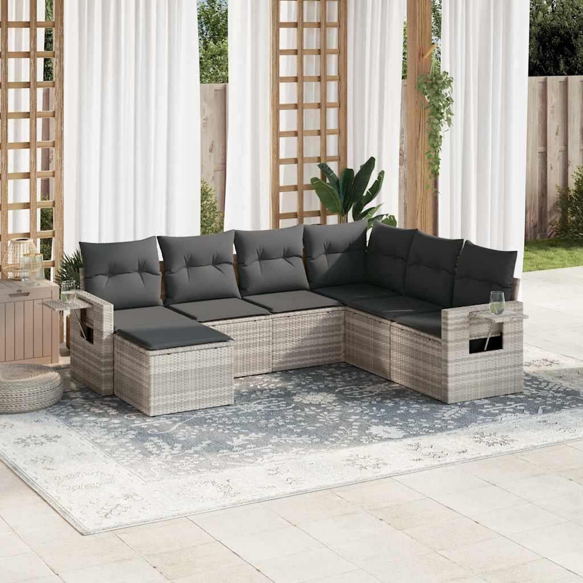 VIDAXL Salon de jardin avec coussins 7 pcs gris clair resine tressee