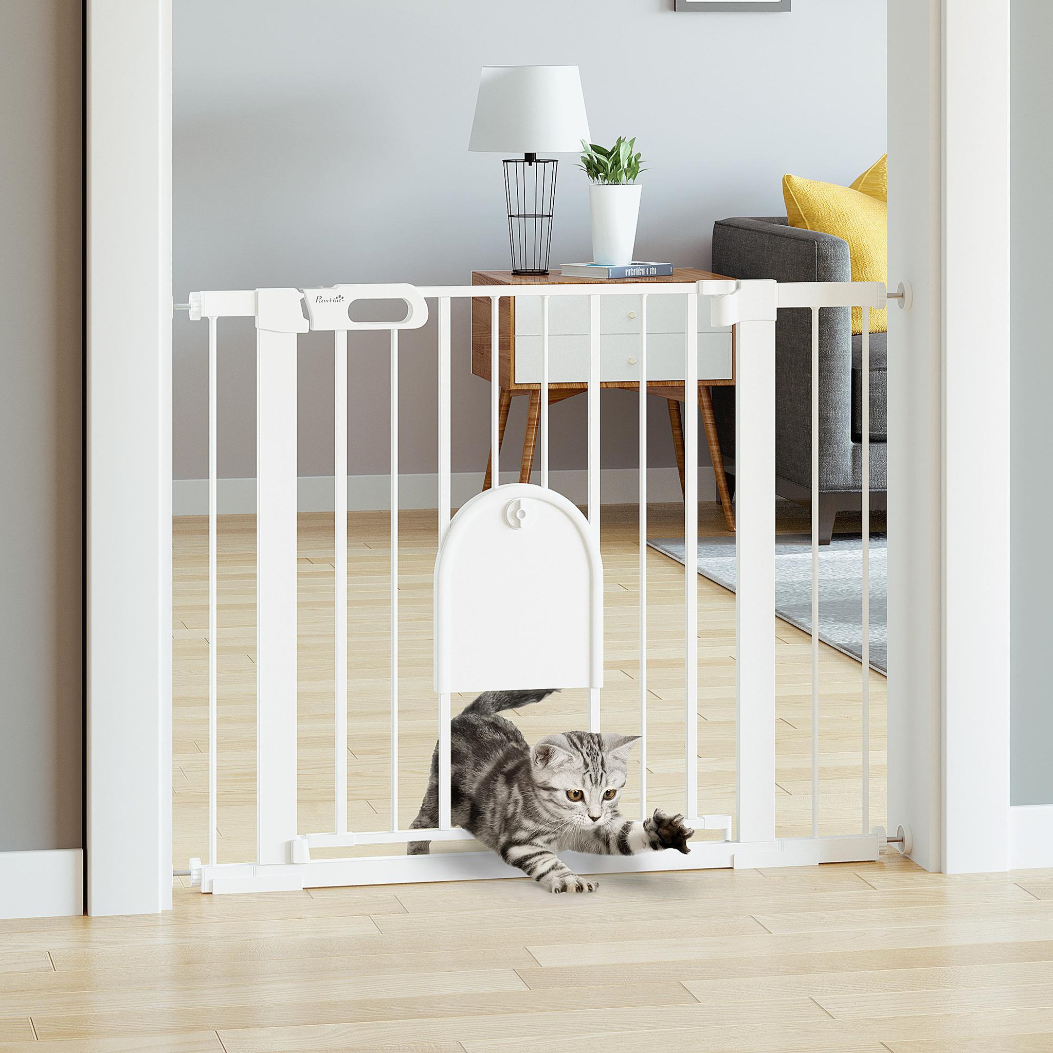 Voir la diapositive 6 : PAWHUT Barrière de sécurité chien h.76 cm - porte verrouillable - fixation par pression 75-103 cm - acier abs blanc