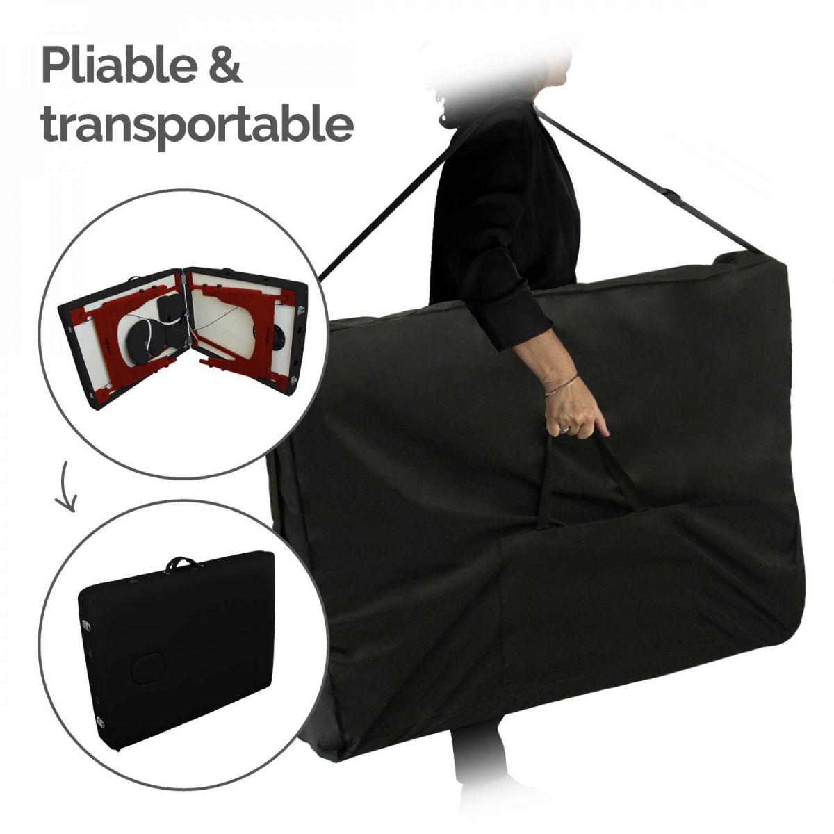 VIVEZEN Table de massage 15 cm pliante 2 zones en bois foncé avec panneau Reiki + Accessoires et housse de transport - Noir