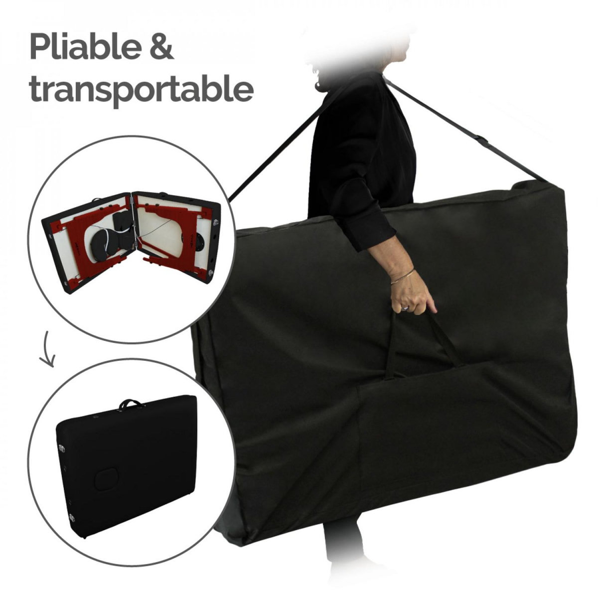 VIVEZEN Table de massage 15 cm pliante 2 zones en bois foncé avec panneau Reiki + Accessoires et housse de transport - Noir