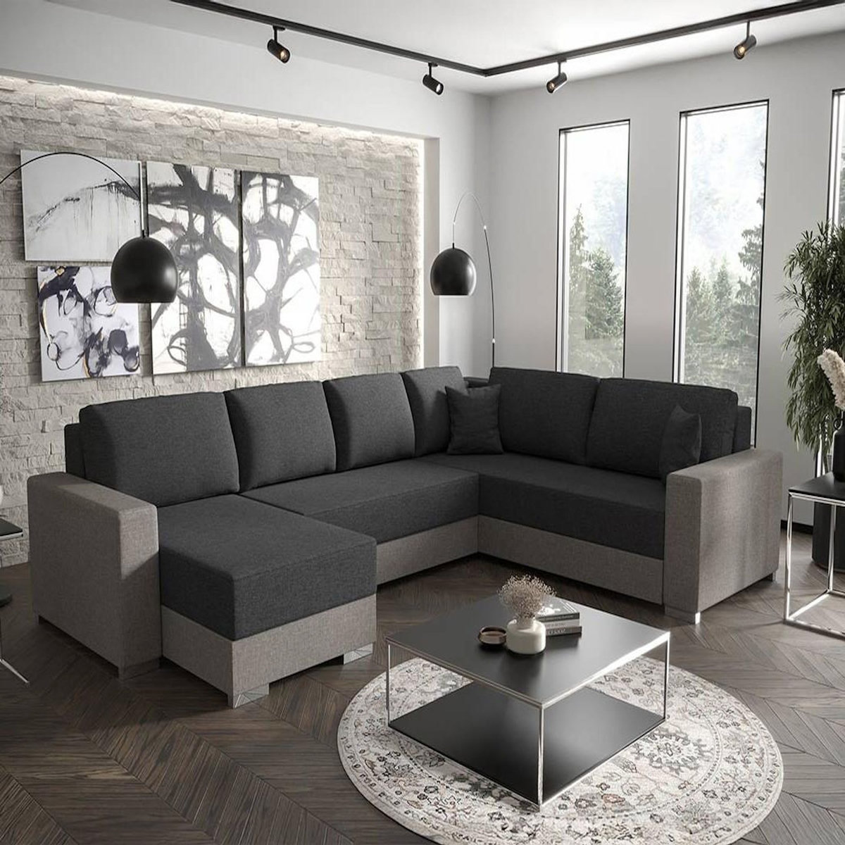 BEST MOBILIER Epona - canapé panoramique d'angle réversible 7 places convertible avec coffre en tissu