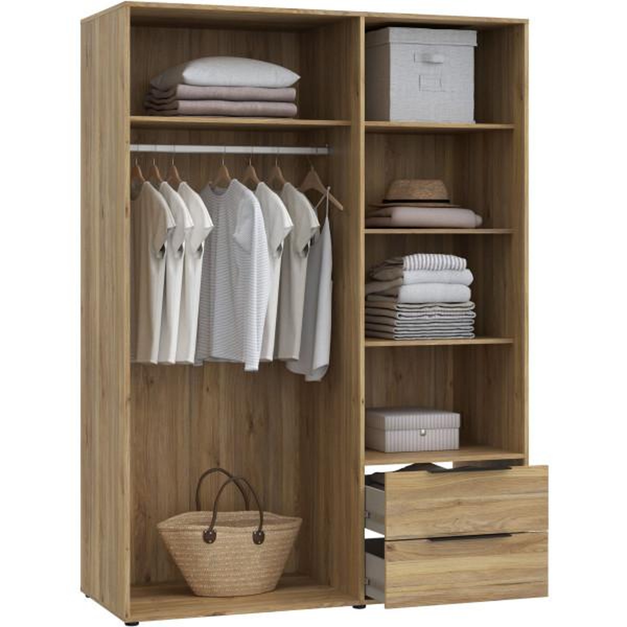 Voir la diapositive 3 : MARKET24 Armoire de chambre - Décor Chene - 3 portes battantes + 2 tiroirs - L144,4 x P59 x H200,1 cm - ORKNEY