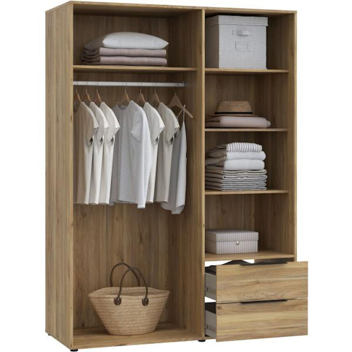 MARKET24 Armoire de chambre - Décor Chene - 3 portes battantes + 2 tiroirs - L144,4 x P59 x H200,1 cm - ORKNEY