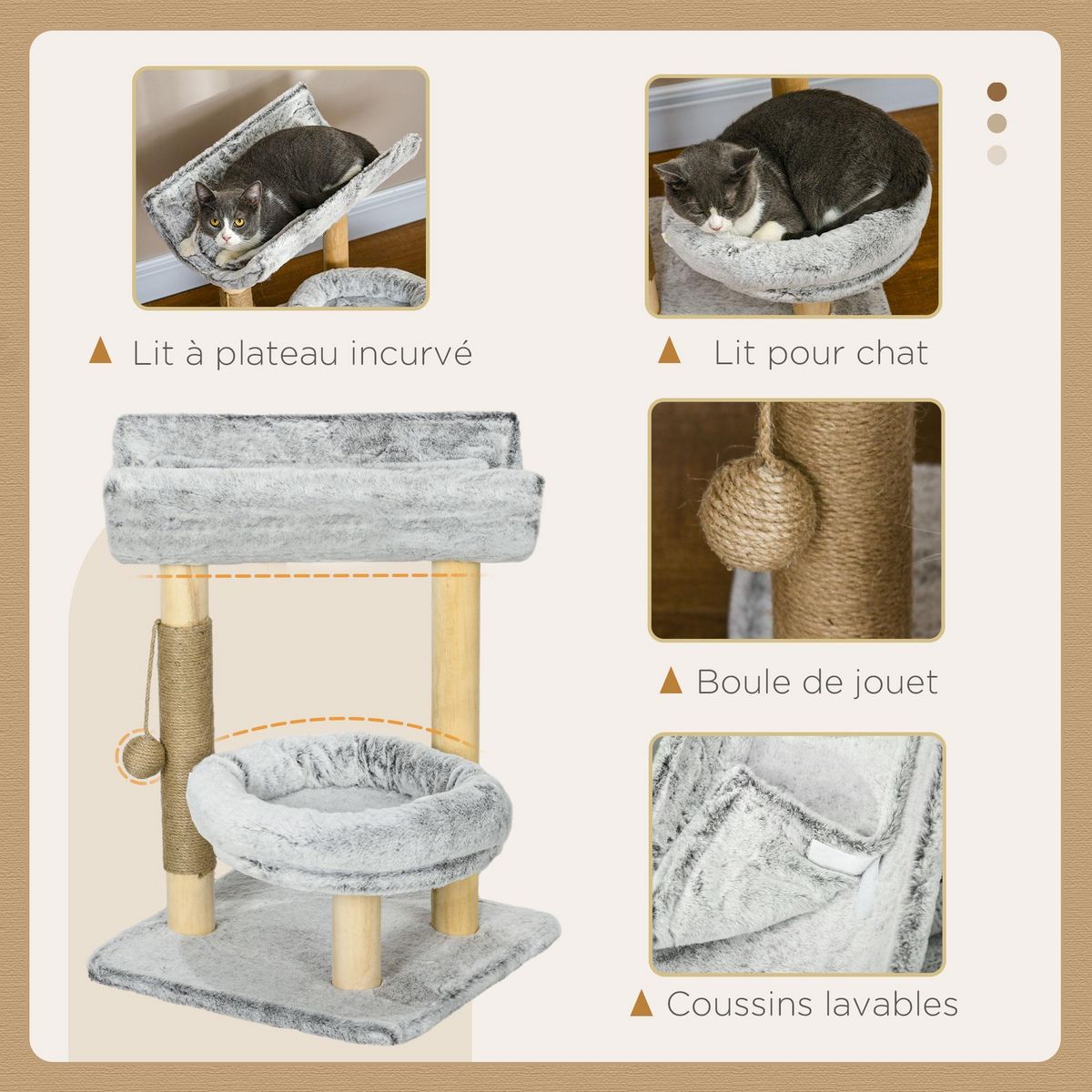 PAWHUT Arbre à chat griffoir chanvre naturel panier plateforme d'observation jeu boule suspendue bois panneaux peluche gris