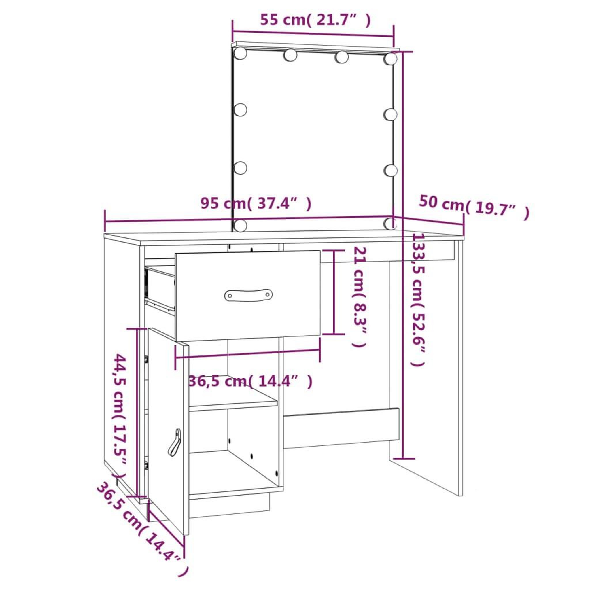 Voir la diapositive 6 : VIDAXL Coiffeuse avec LED Marron miel 95x50x133,5cm Bois de pin massif