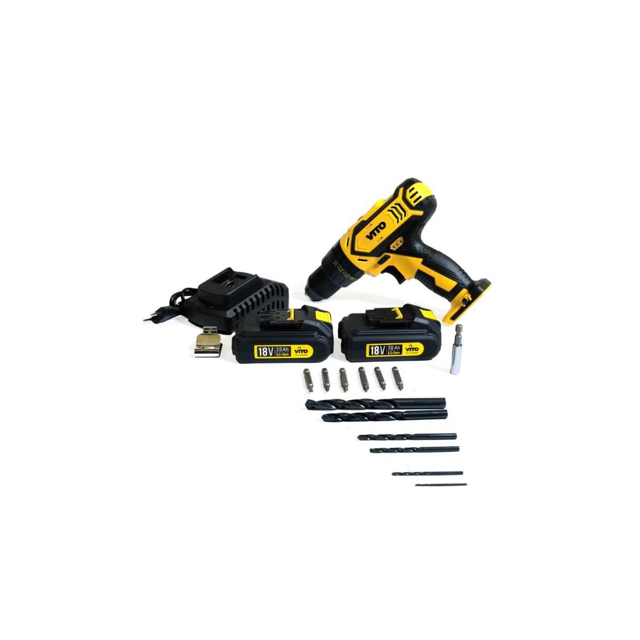 Voir la diapositive 2 : VITO Perceuse sans fil 14,4 V 2 batteries lithium 2 Ah Chargeur rapide 1h LED et indicateur de charge VITO