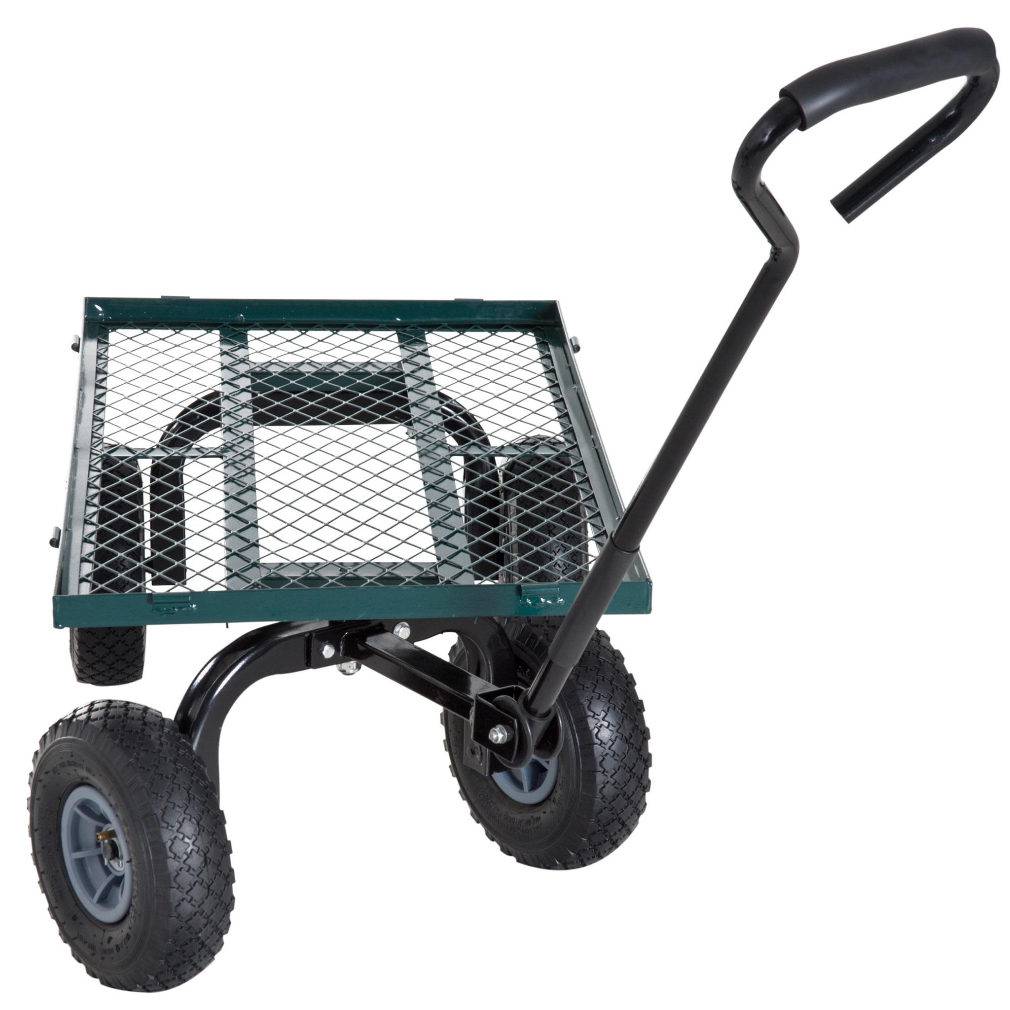 Voir la diapositive 5 : OUTSUNNY Chariot de transport jardin remorque à main charrette à bras 4 roues 98l x 45l x 85h cm charge max. 150 kg métal vert