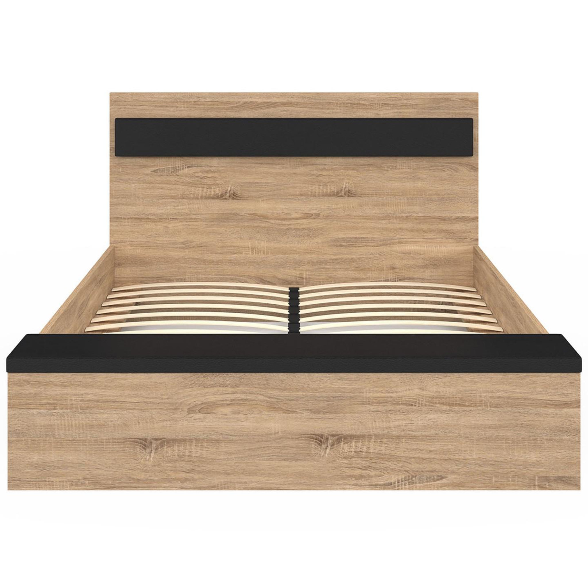 Voir la diapositive 3 : ID MARKET Lit double gaelle tête de lit + banc coffre et sommier 140 x 190 cm bois et noir