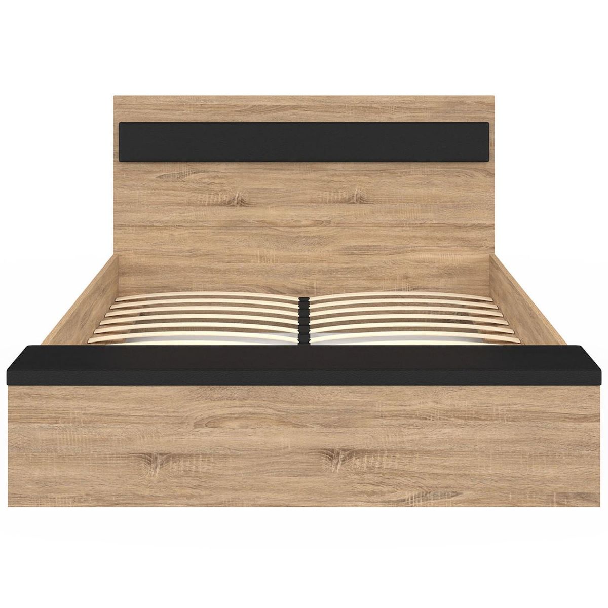 ID MARKET Lit double GAELLE tête de lit + banc coffre et sommier 140 x 190 cm bois et noir