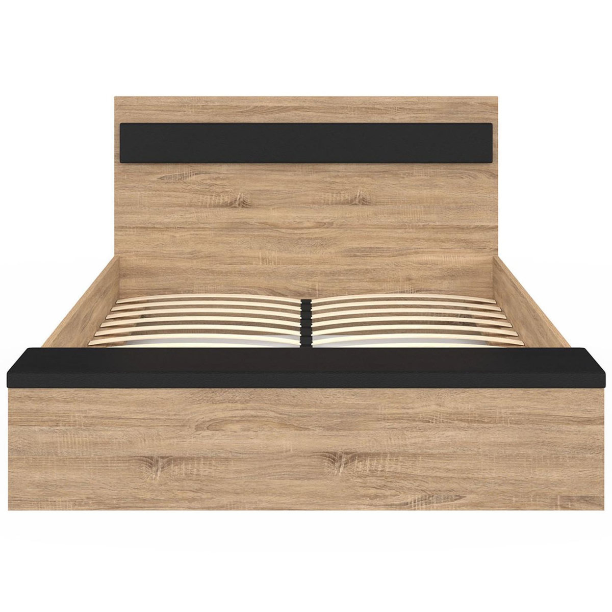 ID MARKET Lit double GAELLE tête de lit + banc coffre et sommier 140 x 190 cm bois et noir