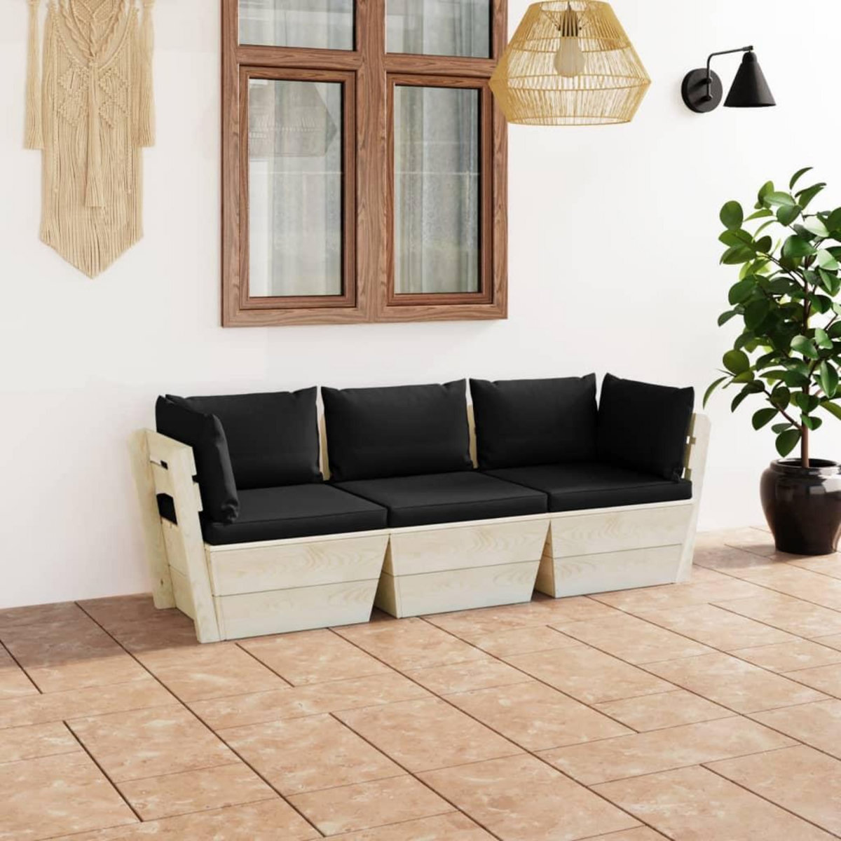 VIDAXL Canape palette a 3 places de jardin avec coussins Bois d'epicea