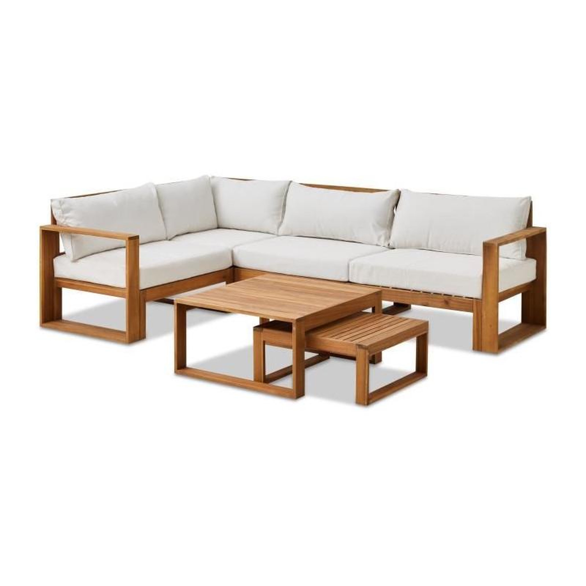 BOCARNEA Salon de jardin d'angle modulable - Bois d'acacia - 5 personnes - LEVATA OTTOMAN - Blanc cassé + Housse