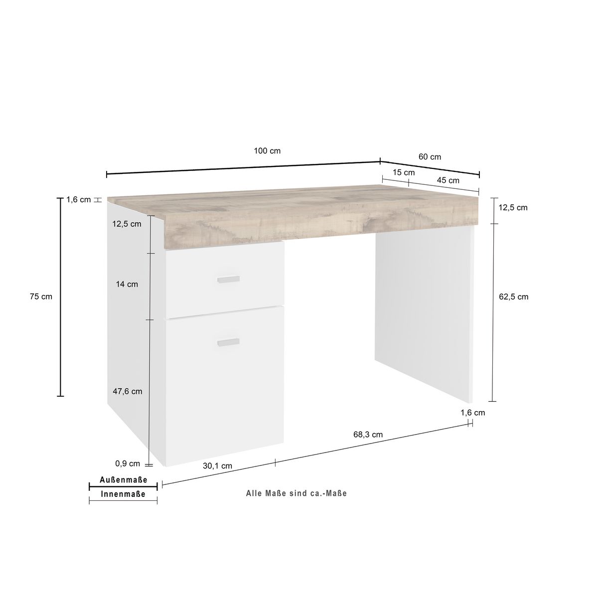 Bureau 1 porte 1 tiroir avec plateau coulissant et rangement 100 cm TAVIANO