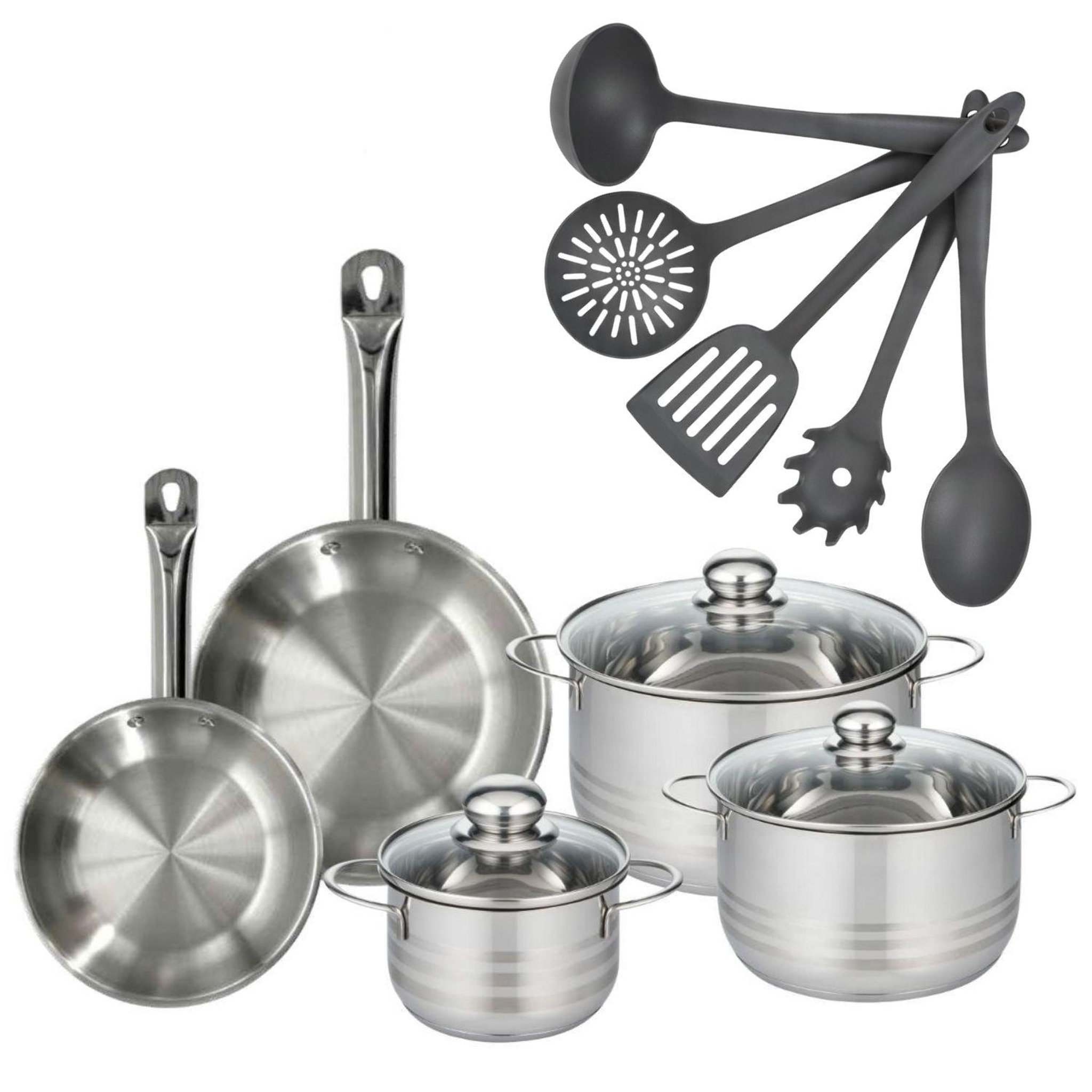 Fackelmann Batterie de cuisine avec 3 faitouts 16/20/24 cm et 2 poêles 20/24 cm et 5 ustensiles de cuisine fackelmann etherna brillant clip