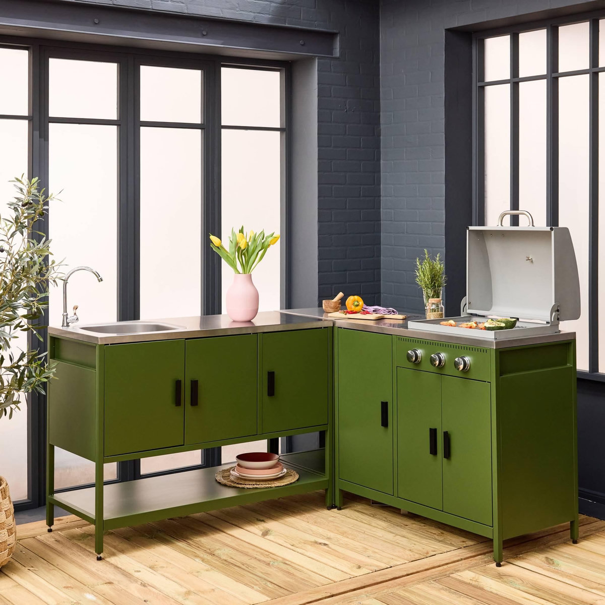 SWEEEK Cuisine extérieure Naxos 2 modules acier inoxydable barbecue gaz 3 brûleurs avec évier