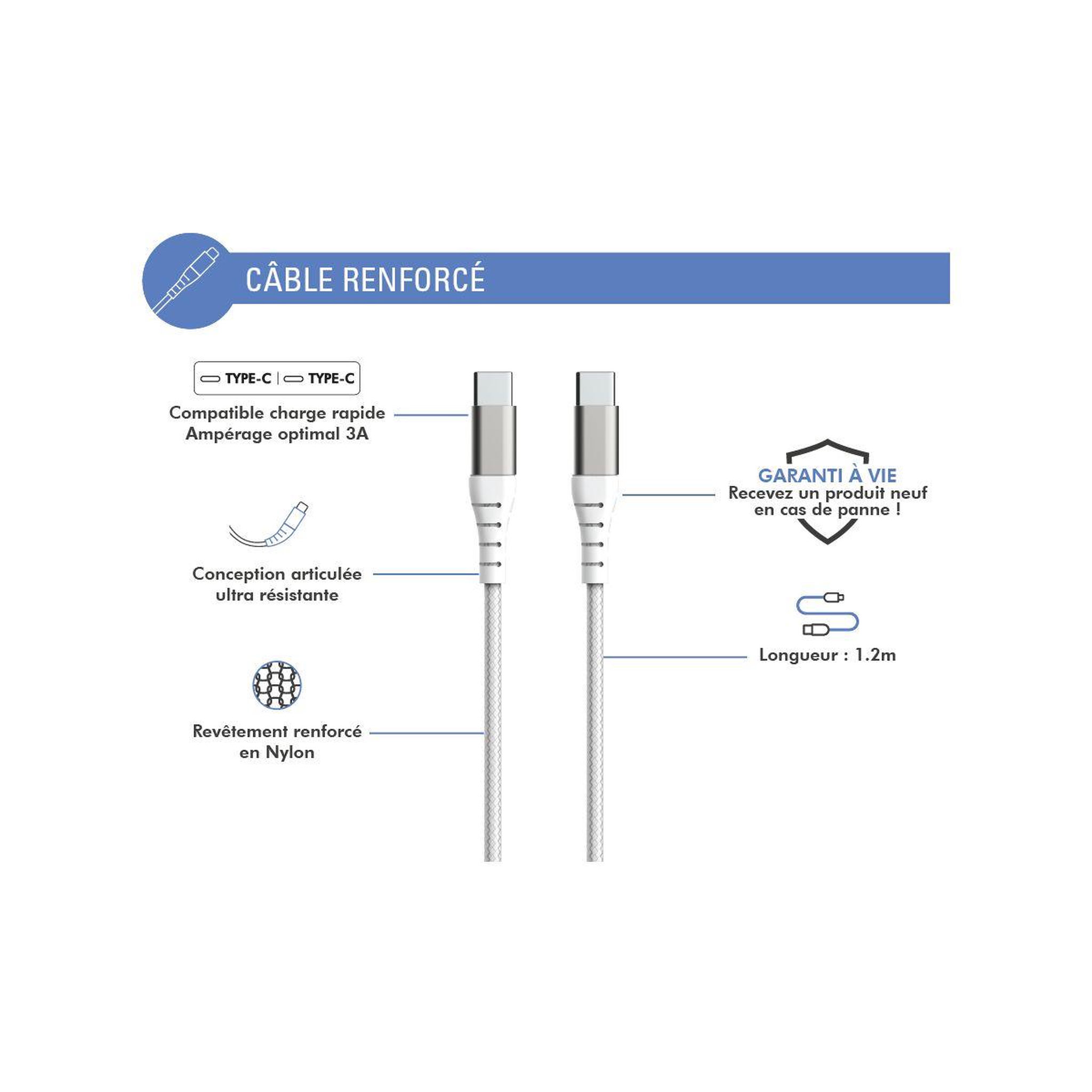 Voir la diapositive 2 : FORCE POWER Câble USB vers USB-C Renforcé 1.2m Blanc