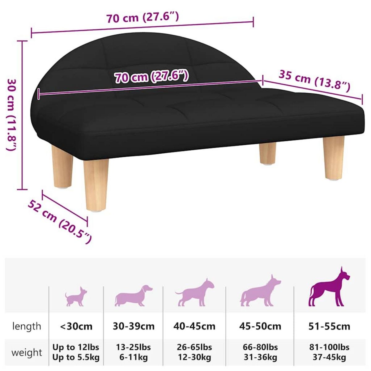 VIDAXL Lit pour chien noir 70x52x30 cm tissu