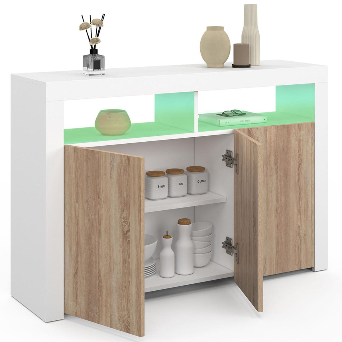 ID MARKET Buffet 110 cm ELIGHT 3 portes avec LED et niches blanc et bois façon hêtre