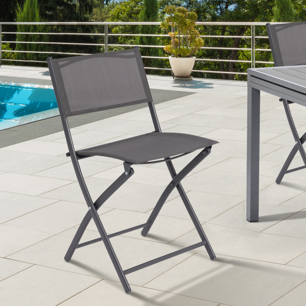 ID MARKET Lot de 4 chaises de jardin pliantes BASTIA métal et textilène gris anthracite