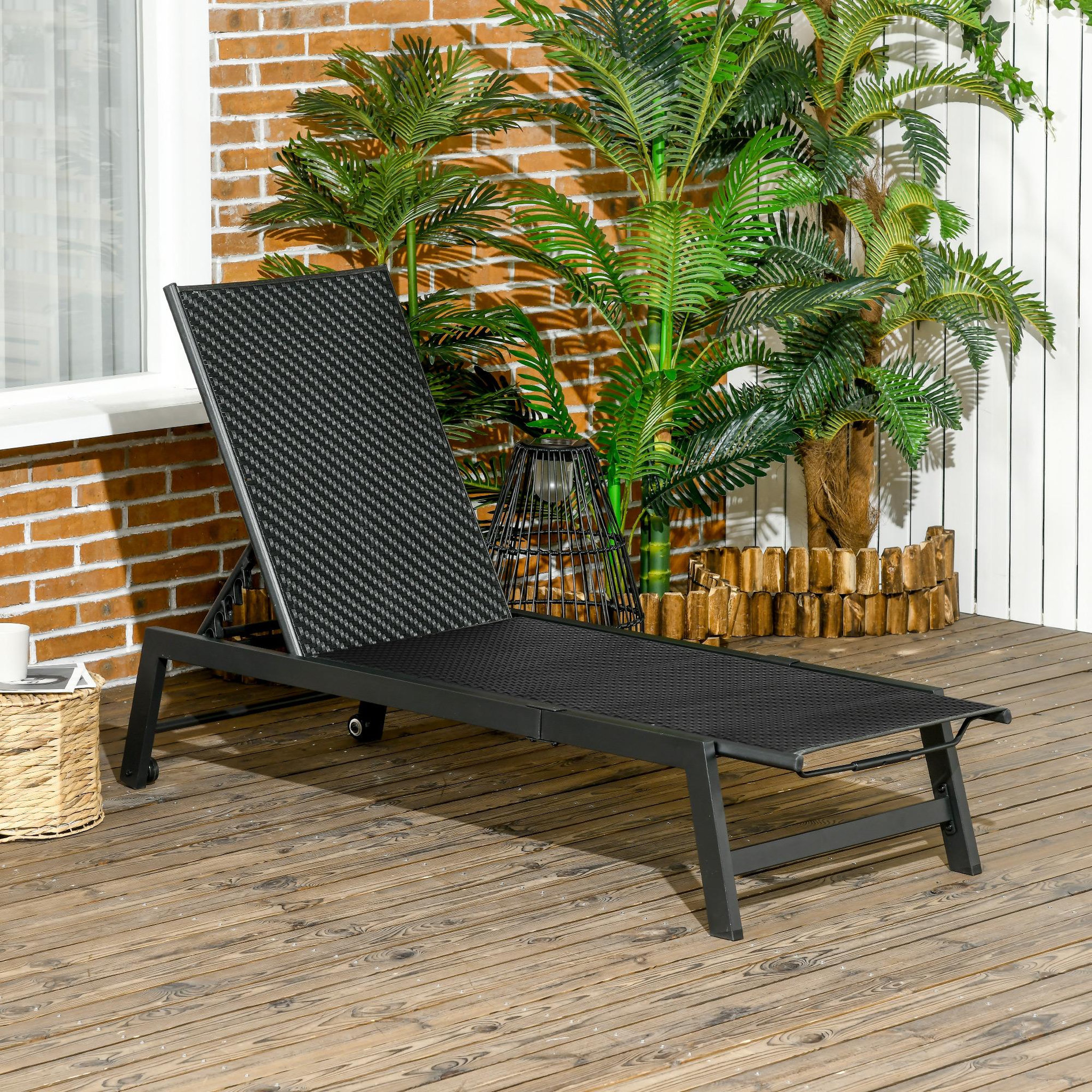 Voir la diapositive 2 : OUTSUNNY Bain de soleil transat grand confort - dossier inclinable 5 positions roulettes - châssis alu. résine tressée noire