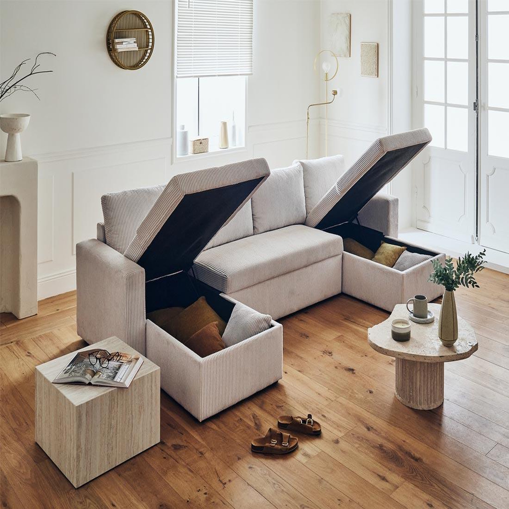Voir la diapositive 2 : BEST MOBILIER Cyrus - canapé panoramique en u - 7 places - convertible avec coffre - en velours côtelé