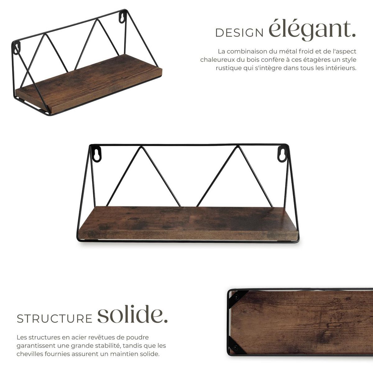 tectake Lot de 2 étagères murales style industriel Bois foncé industriel, rustique